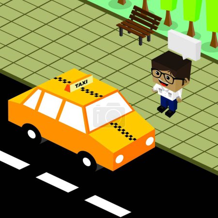 Téléchargez les illustrations : Dessin animé thème isométrique taxi vecteur illustration - en licence libre de droit