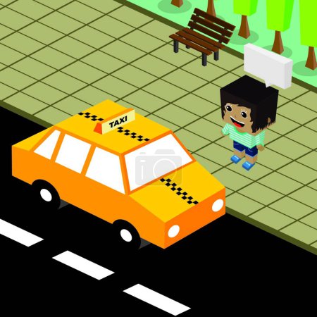 Téléchargez les illustrations : Thème de dessin animé taxi isométrique - en licence libre de droit