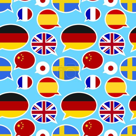 Ilustración de Speech bubbles with different flags on blue background - Imagen libre de derechos