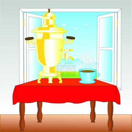 Illustration for Samovar on table, colorful vector illustration - Royalty Free Image