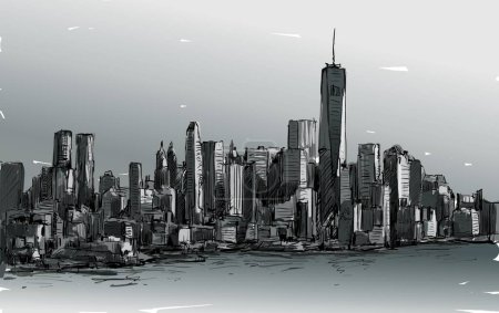 Téléchargez les illustrations : Esquisse du paysage urbain à New York montrer Manhattan Midtown avec des cieux - en licence libre de droit