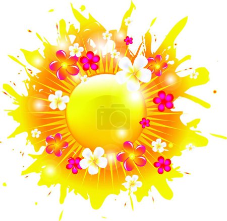 Téléchargez les illustrations : Bannière Sunburst avec fleurs et soleil, illustration graphique moderne - en licence libre de droit