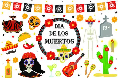 Illustration for "Day of the Dead Mexican holiday icons flat style. Dia de los muertos collection of objects, design elements with sugar skull, skeleton, grave. Isolated on white background. Vector illustration" - Royalty Free Image