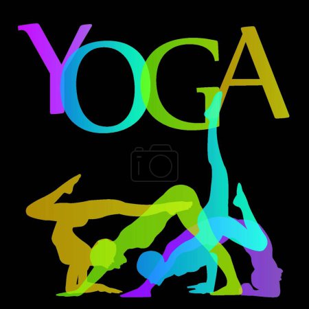 Téléchargez les illustrations : Yoga pose silhouette sur fond noir - en licence libre de droit