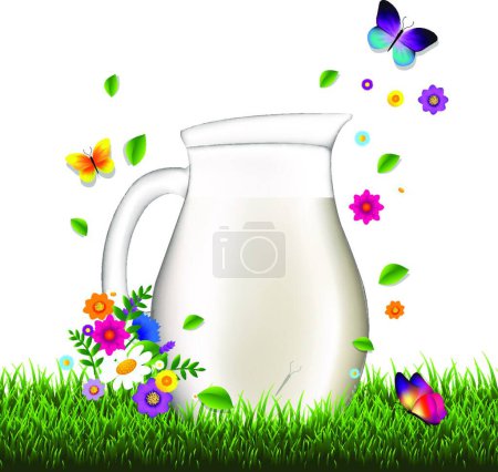 Photo pour "Jug With Milk And Grass And Flowers White Background" - image libre de droit