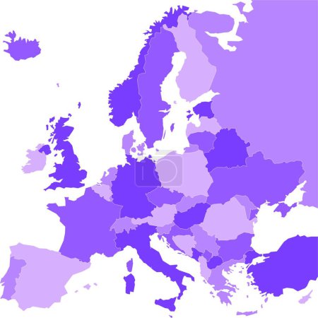 Ilustración de "Mapa político de Europa en cuatro tonos de violeta sobre fondo blanco. Ilustración vectorial
" - Imagen libre de derechos