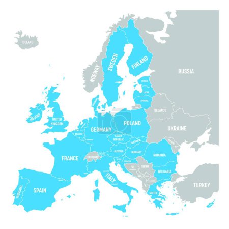 Illustration for "Political map of Europe with blue highlighted 28 European Union, EU, member states. Simple flat vector illustration" - Royalty Free Image