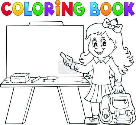 Téléchargez les illustrations : "Livre à colorier élève heureuse fille " - en licence libre de droit