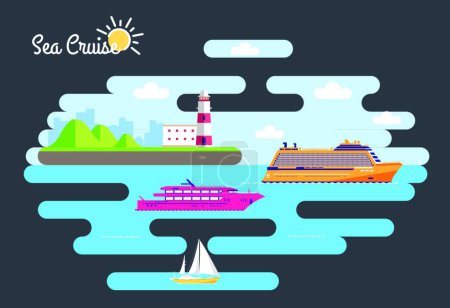 Illustration for Set of flat yacht, scooter, boat, cargo ship, steamship, ferry, fishing boat, tug, bulk carrier, vessel, pleasure boat, cruise ship with blue sea background concept. Vector design illustration - Royalty Free Image