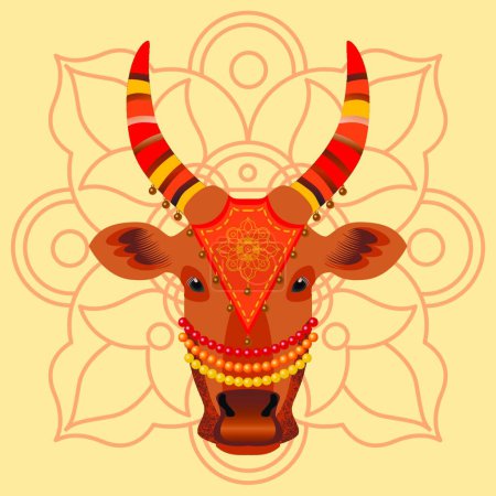 Téléchargez les illustrations : "Maatu Pongal. Fête de la récolte hindoue en Inde et au Sri Lanka. Le concept de l'événement. La tête d'une vache, décorée de tissu avec broderie, perles, cloches. Fond avec ornement traditionnel
." - en licence libre de droit
