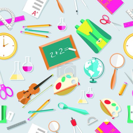 Illustration for "Back to school education vector art icons background. Flat university elements set. Template palette symbols for your study design." - Royalty Free Image