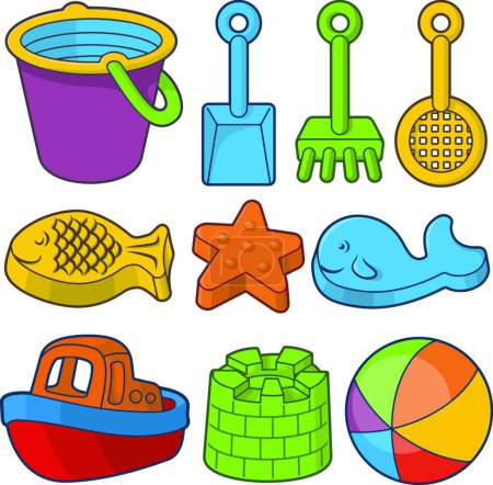 Téléchargez les illustrations : Icônes de jouets de plage, illustration vectorielle colorée - en licence libre de droit