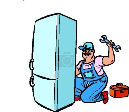Téléchargez les illustrations : Maître réfrigérateur réparation, illustration graphique - en licence libre de droit