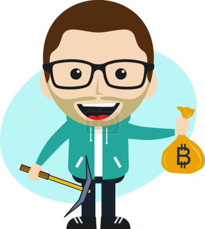 Illustration for "bitcoin crypto currency theme cartoon gentleman male man miner boy" - Royalty Free Image