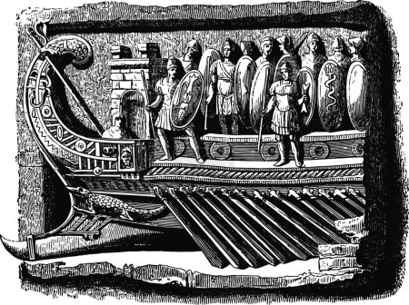 Illustration for Sculpture is an ancient bas relief sculpture of a war galley - Royalty Free Image