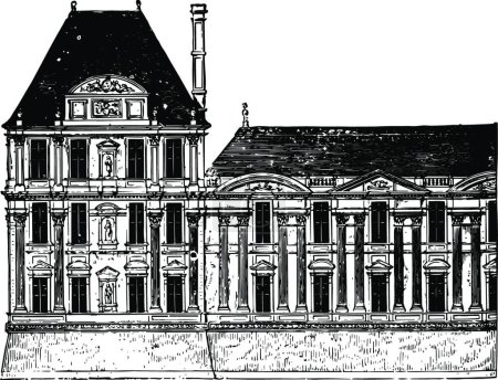 Ilustración de Pabellón Flore y parte de la Galería del Louvre diseño de ilustración vectorial vintage - Imagen libre de derechos