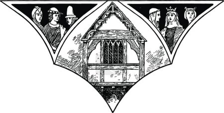 Téléchargez les illustrations : "Maison à pignon du XIVe siècle, Weobly, gravure vintage." - en licence libre de droit