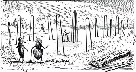 Téléchargez les illustrations : Fourmis jouant au croquet avec épingles à cheveux, illustration vintage - en licence libre de droit
