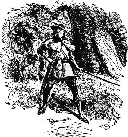 Illustration for Robin Hood black and white vintage vector illustration - Royalty Free Image