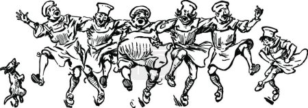 Illustration for Male Cooks Dancing in a Line social experimentation vintage - Royalty Free Image