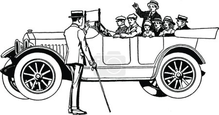 Illustration for Family in Car Greeting Man on Road, vintage illustration - Royalty Free Image