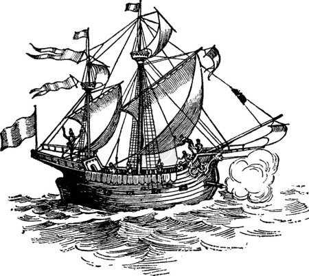 Téléchargez les illustrations : Navire Magellan, illustration vectorielle simple gravée - en licence libre de droit