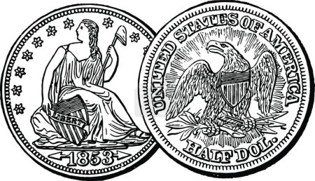 Illustration for "Silver Half Dollar Coin, 1853 vintage illustration. " - Royalty Free Image