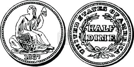 Illustration for "Silver Half Dime Coin, 1837 vintage illustration. " - Royalty Free Image