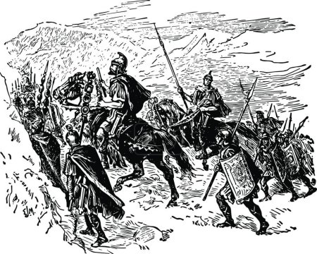 Téléchargez les illustrations : Hannibal et son armée traversant les Alpes illustration vintage - en licence libre de droit