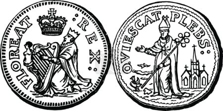Ilustración de "Moneda de Pence de cuarto de galón de cobre, ilustración vintage 1681. " - Imagen libre de derechos