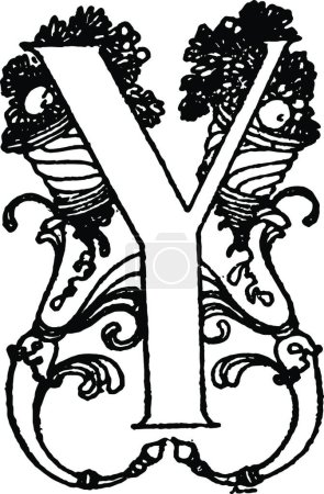 Illustration for Y floral letter, engraved simple vector illustration - Royalty Free Image