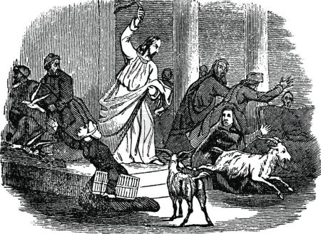 Téléchargez les illustrations : "Jésus chasse les changeurs d'argent et les marchands hors du temple vinta" - en licence libre de droit