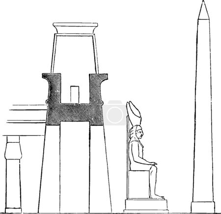 Illustration for "Pylon at the Palace at Luxor, Profile with Colossal Statue and O" - Royalty Free Image