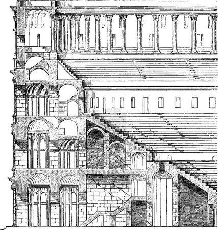 Ilustración de "Elevation and Section of the Colosseum, the Tiers of Seats, vint" - Imagen libre de derechos