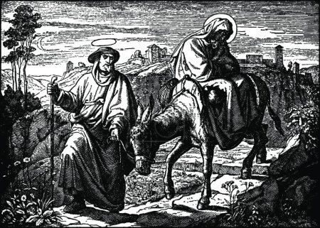 Ilustración de "Joseph Leads Mary and Jesus on the Road to Egypt as They Flee fr" - Imagen libre de derechos