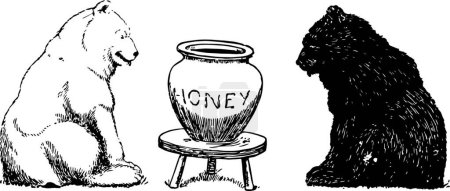 Illustration for Bears with honey jar, engraved simple vector illustration - Royalty Free Image
