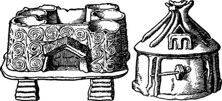Ilustración de Neolítico Edad cabaña Urnas, grabado ilustración vector simple - Imagen libre de derechos