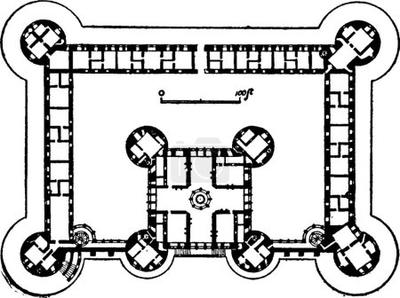Téléchargez les illustrations : Plan du Château de Chambord, illustration vectorielle simple gravée - en licence libre de droit