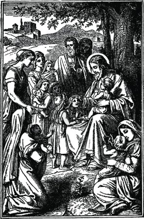 Téléchargez les photos : Jésus bénit les petits enfants, illustration vectorielle simple gravée - en image libre de droit