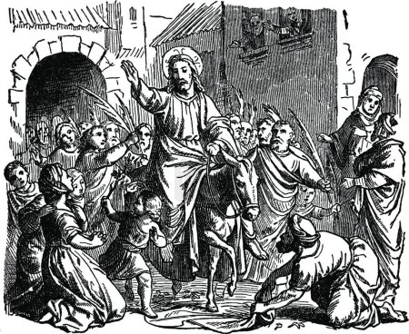 Téléchargez les illustrations : Entrée triomphale de Jésus et Bienvenue à Jérusalem, illustration vectorielle simple gravée - en licence libre de droit