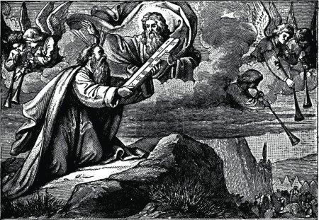 Téléchargez les illustrations : Moïse reçoit les dix commandements sur deux tablettes d'illustration vectorielle de pierre - en licence libre de droit