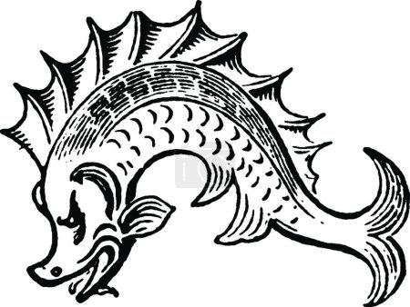 Téléchargez les illustrations : Illustration vectorielle vintage dauphin noir et blanc - en licence libre de droit