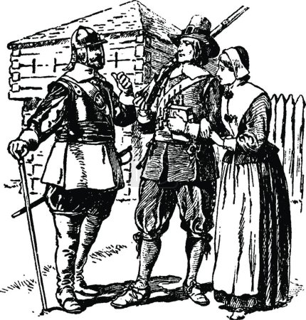 Ilustración de Puritans ilustración vectorial vintage en blanco y negro - Imagen libre de derechos