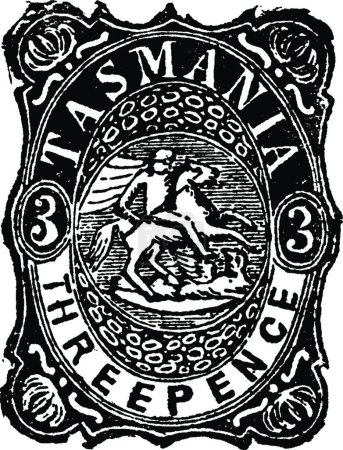 Ilustración de "Tasmania Tres Pence Sello de ingresos en 1882, ilustración vintage" - Imagen libre de derechos