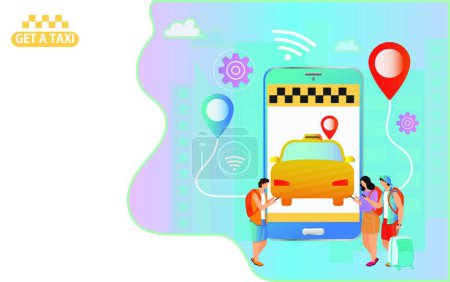Illustration for "Isometric illustration of people booking a cab using location ap" - Royalty Free Image