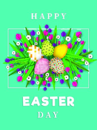 Illustration for "Happy Easter greeting card design decorated with colorful eggs a" - Royalty Free Image