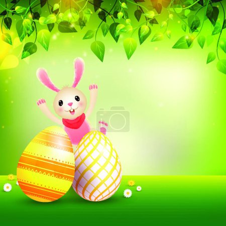 Illustration for Happy Easter background with illustration of cute bunny and eggs - Royalty Free Image