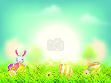 Illustration for Nature view background with cute bunny and easter eggs illustrat - Royalty Free Image