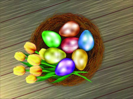 Illustration for Realistic colorful easter eggs in basket with tulip flowers on - Royalty Free Image