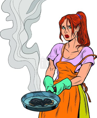 Ilustración de Mujer y un alimento quemado en una sartén, ilustración vectorial diseño simple - Imagen libre de derechos